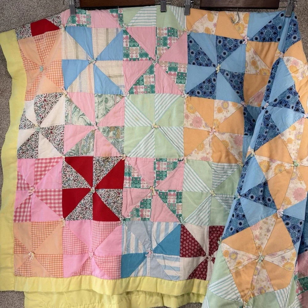 Vintage Handmade Pinwheel Colorful Scrap Quilt *Flaws* Full Size 88